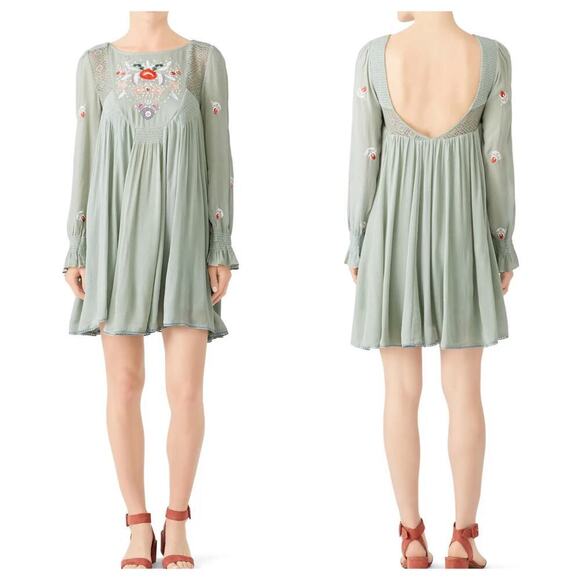 Free People Sage Green Embroidered Mini Dress - Picture 1 of 12